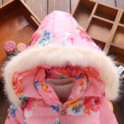 Newborn Baby Down Jacket Girls Cotton Printing Coats Faux Fur Hat Hooded Outerwear Winter Infant Warm Kids Casual Clothes 0-4 Y