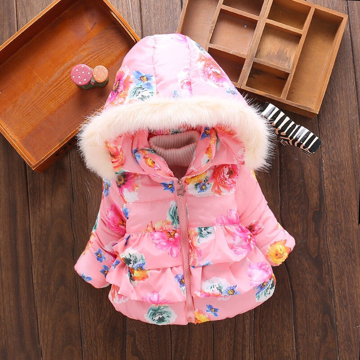 Newborn Baby Down Jacket Girls Cotton Printing Coats Faux Fur Hat Hooded Outerwear Winter Infant Warm Kids Casual Clothes 0-4 Y