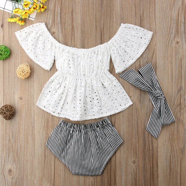 kids Clothing Bebe Baby Girl Sets Clothes Summer Newborn Baby Girl Lace Off Shoulder Top Stripe Shorts Outfits Clothes 0-24M