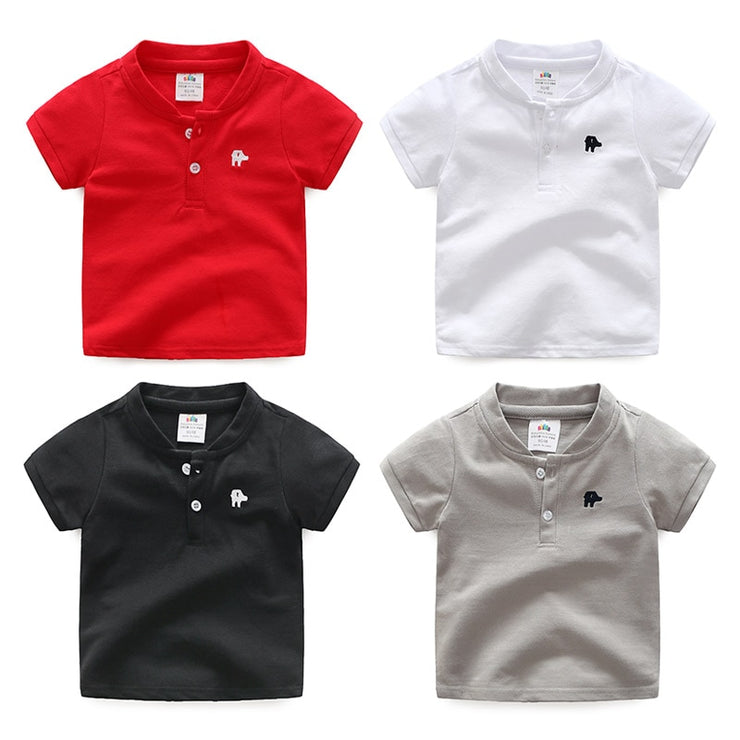 Hot Summer Fashion Cotton Embroidery Short Sleeve Mandarin Collar Solid Color Handsome V-Neck T-Shirt For Baby Kids Boys