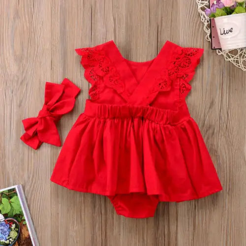 New Arrival 2pcs Red Flower Baby Clothing Newborn Baby Girls Lace Backless Romper Dress Jumpsuit Outfits Clothes 0-24M