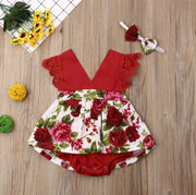 New Arrival 2pcs Red Flower Baby Clothing Newborn Baby Girls Lace Backless Romper Dress Jumpsuit Outfits Clothes 0-24M