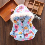 Newborn Baby Down Jacket Girls Cotton Printing Coats Faux Fur Hat Hooded Outerwear Winter Infant Warm Kids Casual Clothes 0-4 Y
