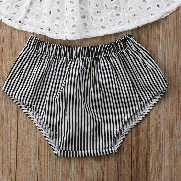 kids Clothing Bebe Baby Girl Sets Clothes Summer Newborn Baby Girl Lace Off Shoulder Top Stripe Shorts Outfits Clothes 0-24M