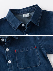 LJMOFA 2-8Y Kids Boys Denim Shirts Toddler Solid Color Blue Casual Long Sleeve Pocket Cowboy Tops Children Fashion Outfits D427