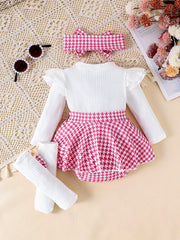 2PCS In Autumn, Baby Girls Aged 0-1 Years Old Have Comfortable Sweet And Cute Black Top + Houndstooth Skirt + Hair Band