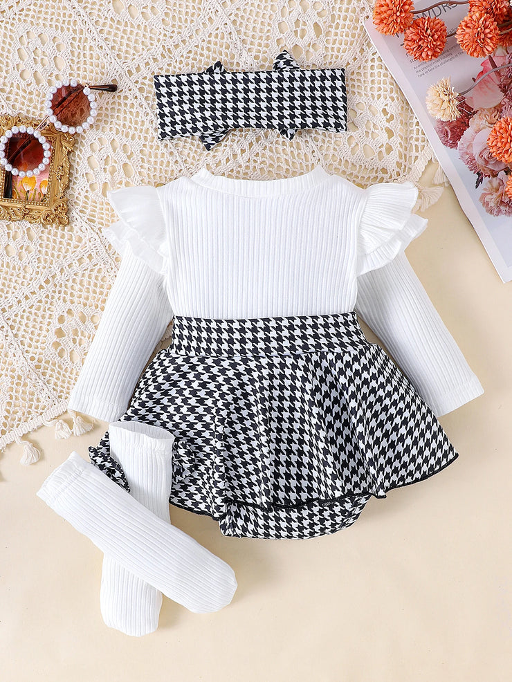 2PCS In Autumn, Baby Girls Aged 0-1 Years Old Have Comfortable Sweet And Cute Black Top + Houndstooth Skirt + Hair Band