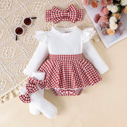 2PCS In Autumn, Baby Girls Aged 0-1 Years Old Have Comfortable Sweet And Cute Black Top + Houndstooth Skirt + Hair Band