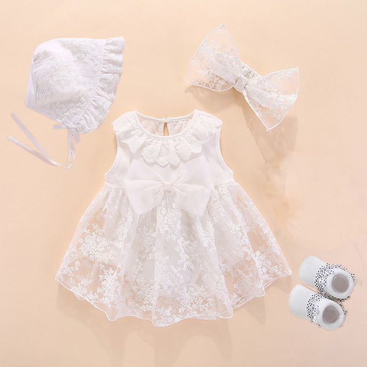 Newborn Baby Girl Dress Clothes 0-6 Months White Dresses Infant Tutu Bodysuit Party Outfits White Baptism Dress Shoes Set
