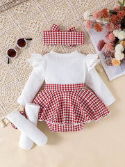 2PCS In Autumn, Baby Girls Aged 0-1 Years Old Have Comfortable Sweet And Cute Black Top + Houndstooth Skirt + Hair Band