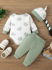 Boys AUTUMN 3PCS Casual Jumpsuit Set with Animal Print Round Neck Long Sleeves Paired with Pants Hat Newborn Clothing 0-18M