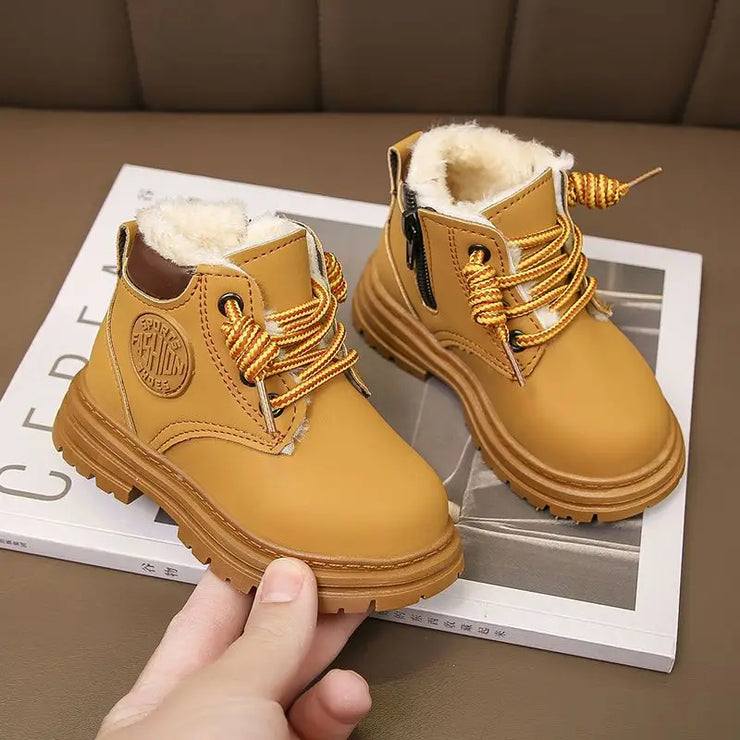 Kid Snow Boot Boys Girls Casual Leather Children Boots Waterproof Non-slip Party Toddler Ankle Boots Warm Beige Shoes 21-32