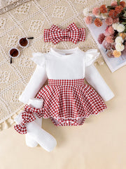 2PCS In Autumn, Baby Girls Aged 0-1 Years Old Have Comfortable Sweet And Cute Black Top + Houndstooth Skirt + Hair Band