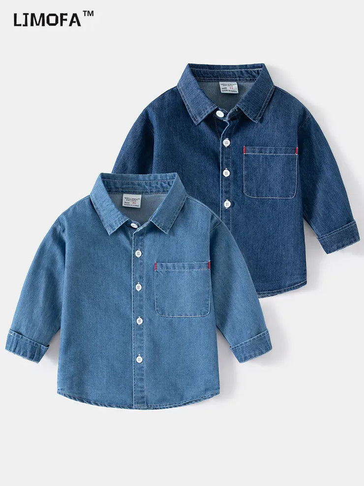 LJMOFA 2-8Y Kids Boys Denim Shirts Toddler Solid Color Blue Casual Long Sleeve Pocket Cowboy Tops Children Fashion Outfits D427