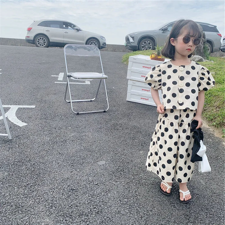 Girls Summer 2PCS Outfit Polka Dot Short Sleeve Top + Wide Leg Pants for baby girl clothes
