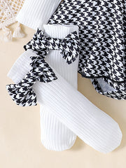 2PCS In Autumn, Baby Girls Aged 0-1 Years Old Have Comfortable Sweet And Cute Black Top + Houndstooth Skirt + Hair Band