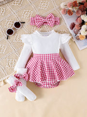 2PCS In Autumn, Baby Girls Aged 0-1 Years Old Have Comfortable Sweet And Cute Black Top + Houndstooth Skirt + Hair Band