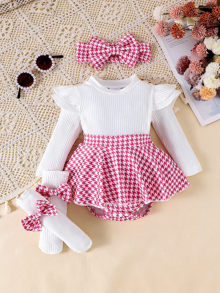 2PCS In Autumn, Baby Girls Aged 0-1 Years Old Have Comfortable Sweet And Cute Black Top + Houndstooth Skirt + Hair Band