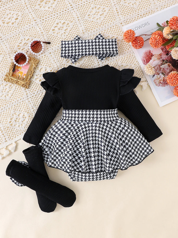 2PCS In Autumn, Baby Girls Aged 0-1 Years Old Have Comfortable Sweet And Cute Black Top + Houndstooth Skirt + Hair Band