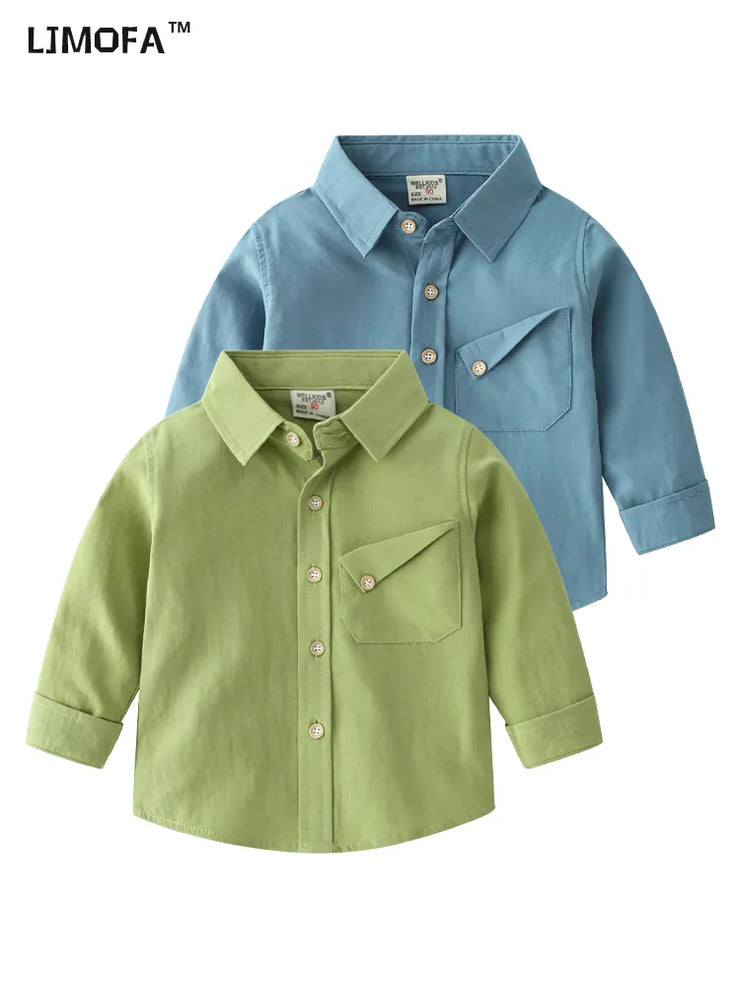 LJMOFA 2-8Y Toddler Boys Shirt Cotton Spring Autumn Fashion Candy-Colored Lapel Long Sleeve Thin Shirt For Kids Child Tops D426