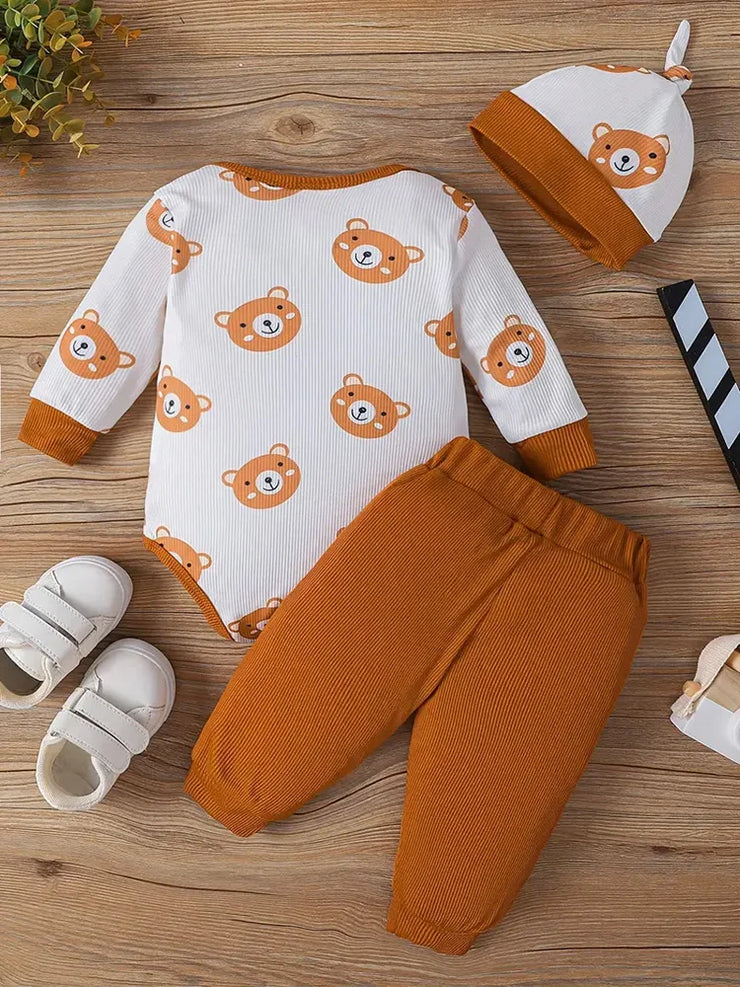 Boys AUTUMN 3PCS Casual Jumpsuit Set with Animal Print Round Neck Long Sleeves Paired with Pants Hat Newborn Clothing 0-18M