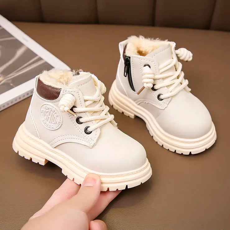 Kid Snow Boot Boys Girls Casual Leather Children Boots Waterproof Non-slip Party Toddler Ankle Boots Warm Beige Shoes 21-32