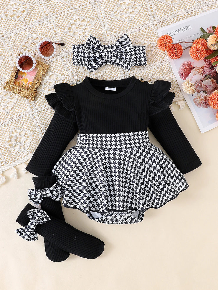 2PCS In Autumn, Baby Girls Aged 0-1 Years Old Have Comfortable Sweet And Cute Black Top + Houndstooth Skirt + Hair Band