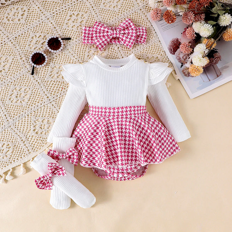 2PCS In Autumn, Baby Girls Aged 0-1 Years Old Have Comfortable Sweet And Cute Black Top + Houndstooth Skirt + Hair Band