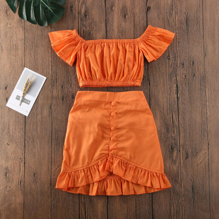 Baby Girls /Kids Clothes Sets Orange Off Shoulder Tops Crop Ruffle A-Line Skirt Outfit