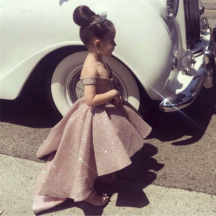 Sequins Pattern Flower Girls Dress For Wedding With Long Train First Holy communion Pageant Party Gown Off The Shoulder 2021