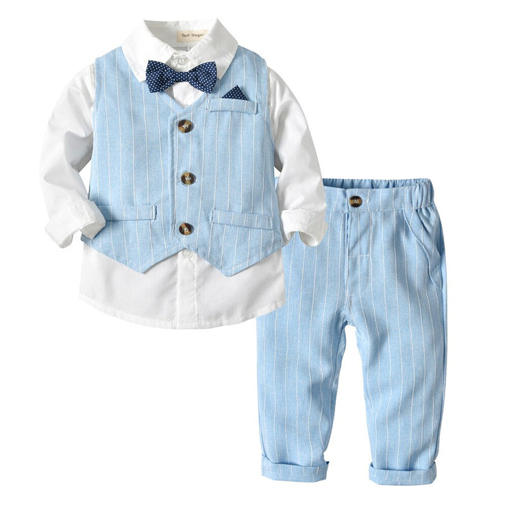 Baby Boy Clothing Shirt Bow Set Birthday Formal Suit Autumn  Newborn Boys Clothes Set Blue Shirt Top+Suspender Pants Outfits