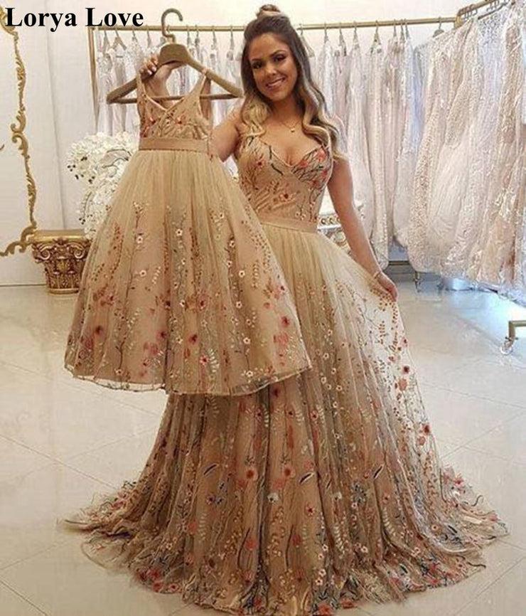 Champagne Evening Dresses Spaghetti Straps Mother and Daughter prom Dresses forWedding Formal Party Night