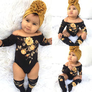 Newborn Baby Girl  3 PCS Off Shoulder Flower Romper+Leg Warmers Outfit Clothes Set