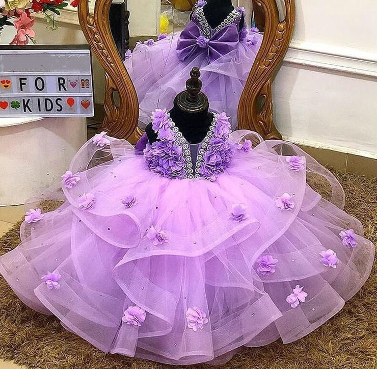 Baby Girl Dress for Birthday Lace Handmade Flowers Puffy Kids Clothes Children Party Gown Big Bow