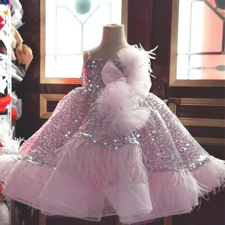 Puffy Baby Girl Dresses For Birthday Party Sequined Top Feather Edge Tiered Kid First Birthday Dress Size 9M 12M 18M 24M