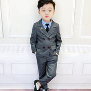 Boys Formal Dress Suit Set Autumn Children Plaid Double Breasted Blazer Pants 2Pcs Clothes Set Kids Wedding Party Costume