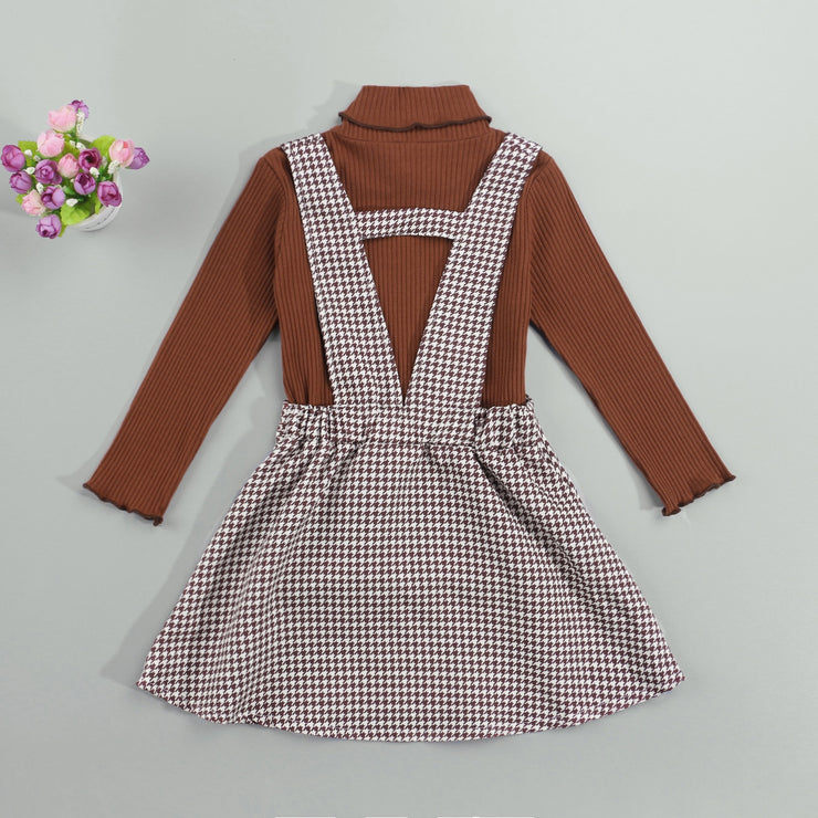 Girls Autumn Fashion Clothes Set 2 Pieces Suit Solid Turtleneck Tops+Plaid Suspender Skirt Kids Sets Girls Clothes 1-6Y