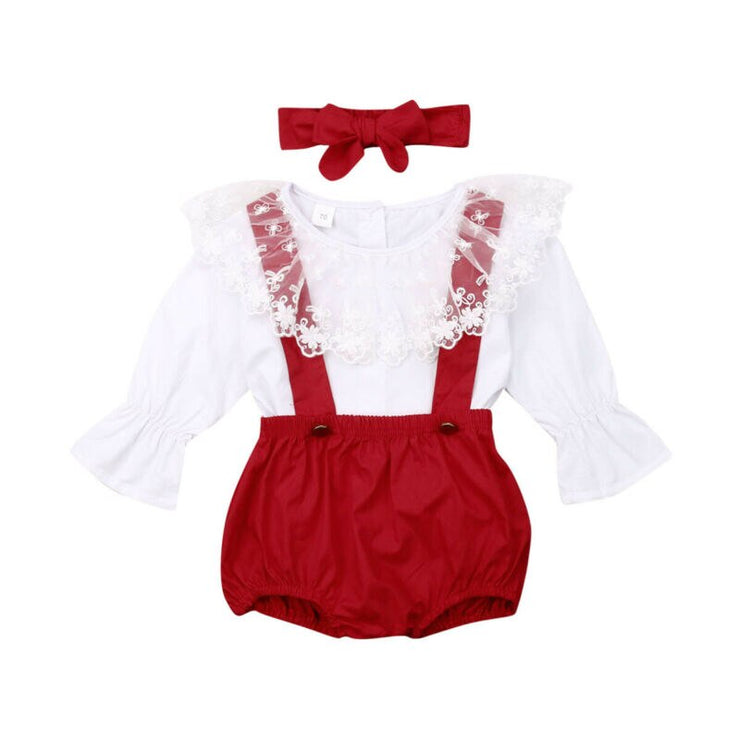 Princess Baby Girls Red Clothing Set Lace Long Sleeve Tops + Shorts Overall + Headband Christmas Baby Girl Costumes