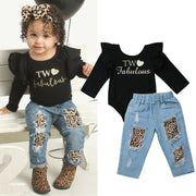 Toddler 2PCS Kids /Baby Toddler Kids Clothes Girls Ruffle Black Tops Ruffle Romper Denim Leopard Pants Girls Clothes Outfits