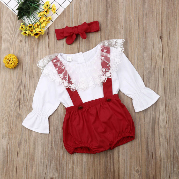 Princess Baby Girls Red Clothing Set Lace Long Sleeve Tops + Shorts Overall + Headband Christmas Baby Girl Costumes
