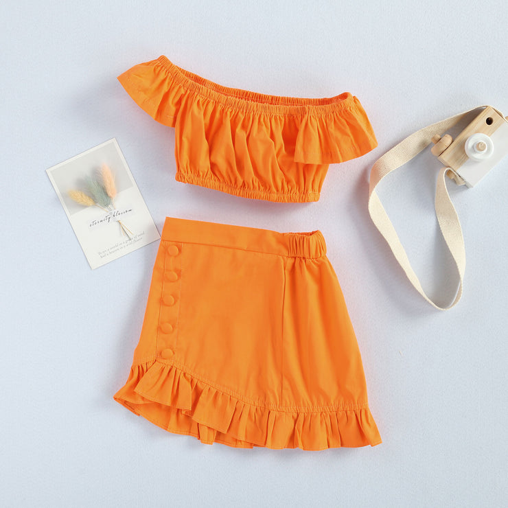 Baby Girls /Kids Clothes Sets Orange Off Shoulder Tops Crop Ruffle A-Line Skirt Outfit