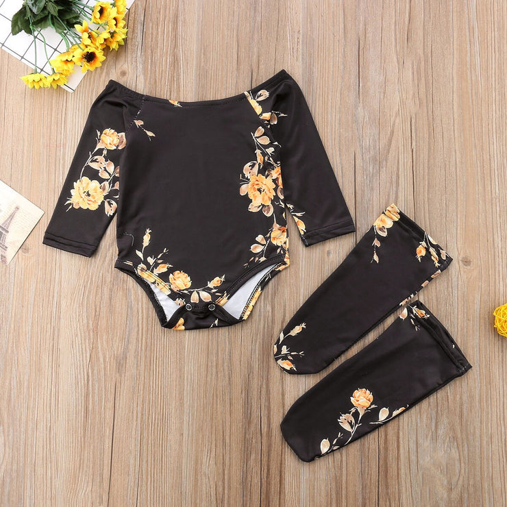 Newborn Baby Girl  3 PCS Off Shoulder Flower Romper+Leg Warmers Outfit Clothes Set