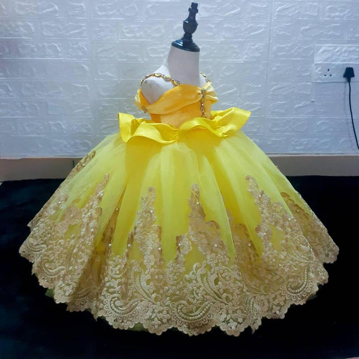 Cute Puffy Gown Infant Girls Dresses Toddler First Birthday Dress Applique Lace Crystals Flower Girl Dress Kids Clothes