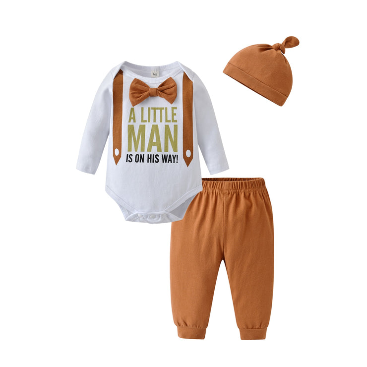 Baby Boy 3Pcs Clothes Set Spring Autumn Knitted V-neck Romper+infant Pants+Cap Newborn Outfit