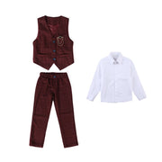 Boys Plaid Vest Suit Kids Waistcoat Wedding Clothes Sets Toddler Formal Dress Children Brooch Shirt Pant Baby Gentlemen Outfits