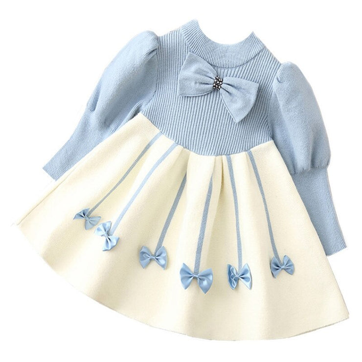 Baby Girl Sweater Dress 1-6 Years Autumn Warm Girl O-neck Bow Knitted Sweater Dress Puff Sleeve Royal Court Dress