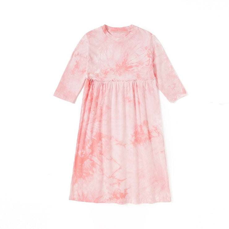Tie Dye Print Baby Teen Girls Midi Dresses and Boys Tops Matching Summer Soft Children brown Pink Clothes