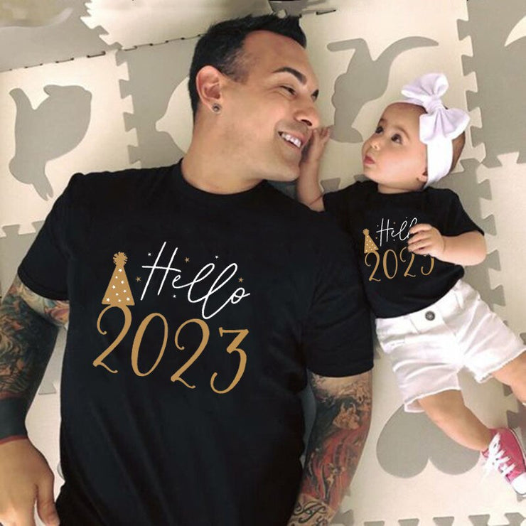Funny Hello 2023 Family Matching Outfits Mother Father and Daughter Son Tshirt Baby Romper Family Look New Year&