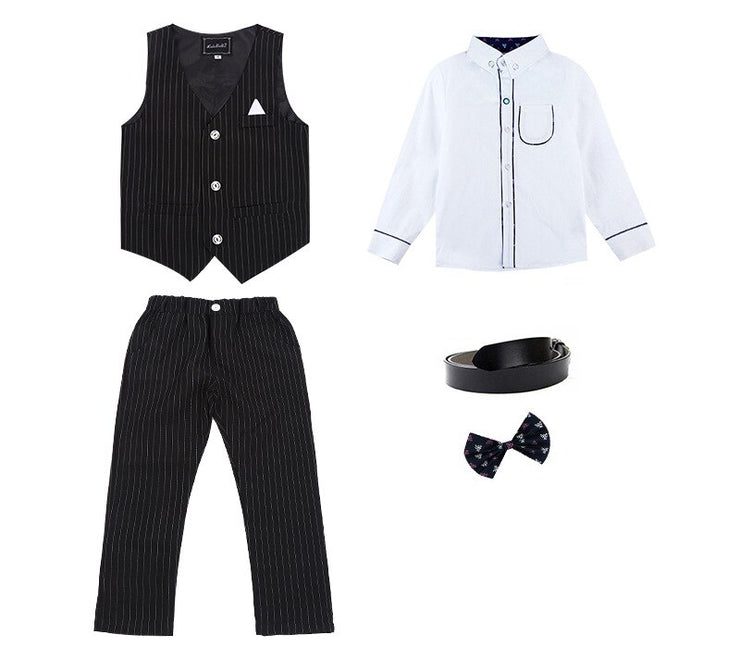 Boy Striped Top Ring Bearer Waistcoat Clothes Sets Kids Formal Suits Child Tie Long Sleeve Shirt Vest Trousers Toddler Outfits