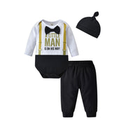 Baby Boy 3Pcs Clothes Set Spring Autumn Knitted V-neck Romper+infant Pants+Cap Newborn Outfit